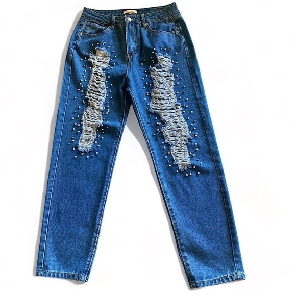 High Waist Ripped Rhinestone Pearl & Silver Ball Embellished Straight Leg Jean… - Picture 2 of 10